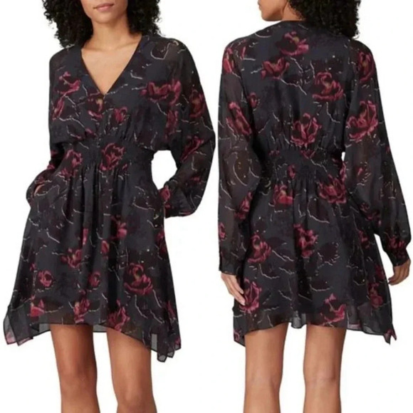 ALLSAINTS Nichola Rosalyn Dress S Black Floral Chiffon Smock Waist Gray $260 - Picture 2 of 12